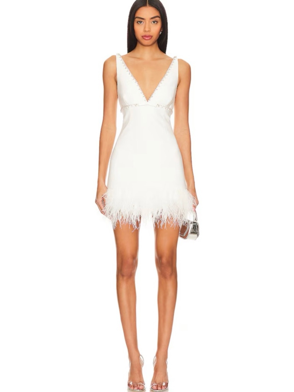 Likely White V-Neck Feather Trim Mini Dress